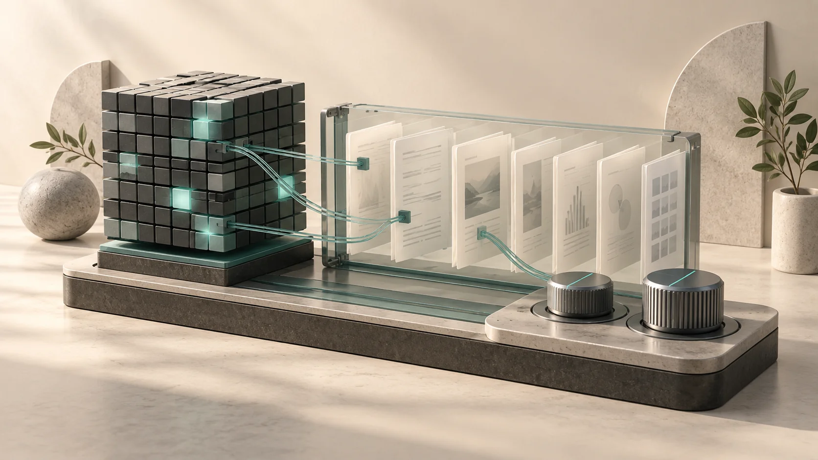 Conceptual illustration of a device with a matrix of blocks, a frame of documents and two adjustment controls, evoking the parameters, context and inference effort of an LLM.