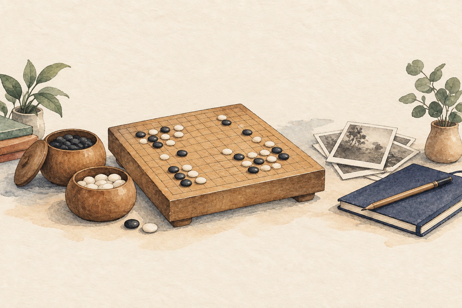 A Go board with black and white stones, photographs and a notebook on a table.