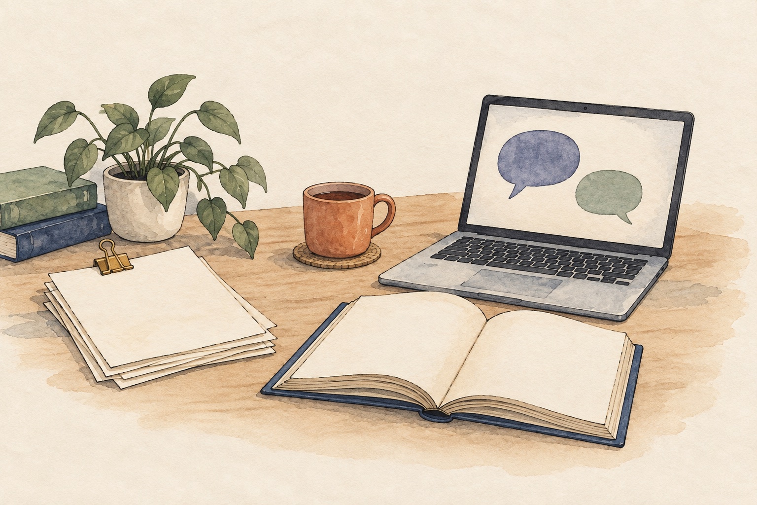 A laptop with speech bubbles beside an open book, papers and a mug.