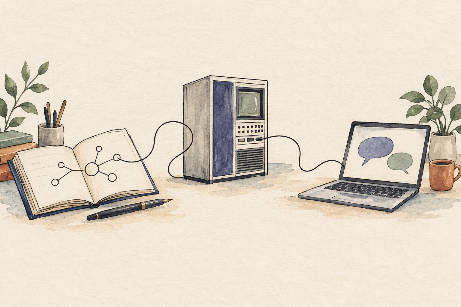 A continuous line connects a notebook with a sketch of nodes, an older computer and a laptop displaying speech bubbles.
