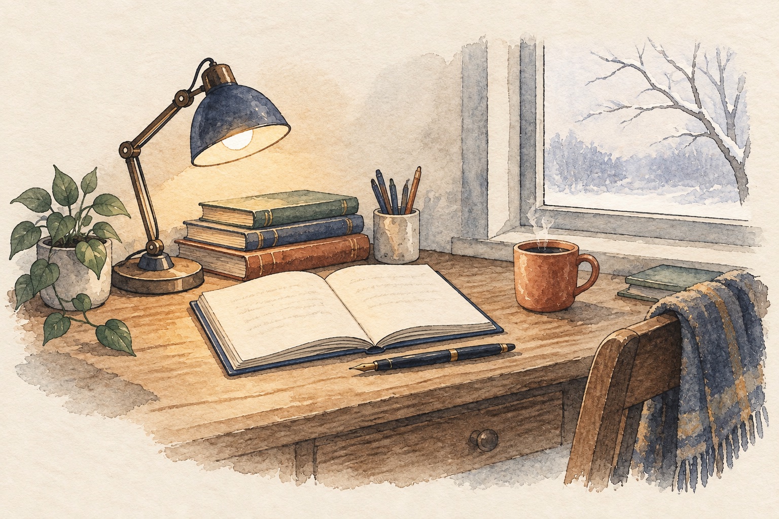 A desk with an open notebook and a lit lamp beside a winter window.