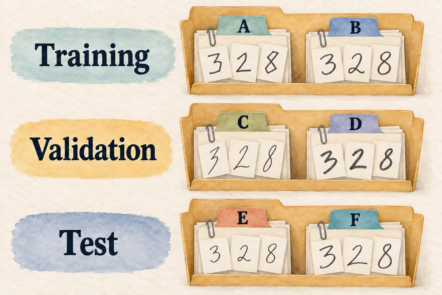 Three folders separate digit crops by writer: A and B in training, C and D in validation, E and F in testing. Each writer contributes different digits and appears in only one folder.