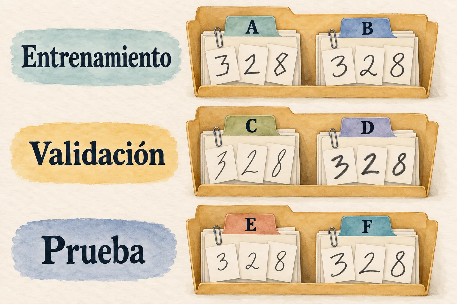 Tres carpetas separan los recortes por persona: A y B en entrenamiento, C y D en validación, E y F en prueba. Cada persona aporta distintos dígitos y aparece en una sola carpeta.