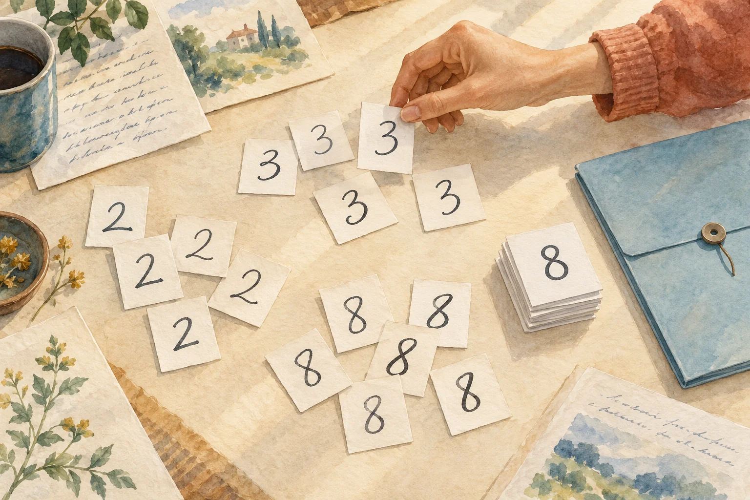 Una mano selecciona una tarjeta con un 3 entre dígitos manuscritos, una pila de tarjetas repetidas y páginas de texto; una carpeta azul queda a un lado.