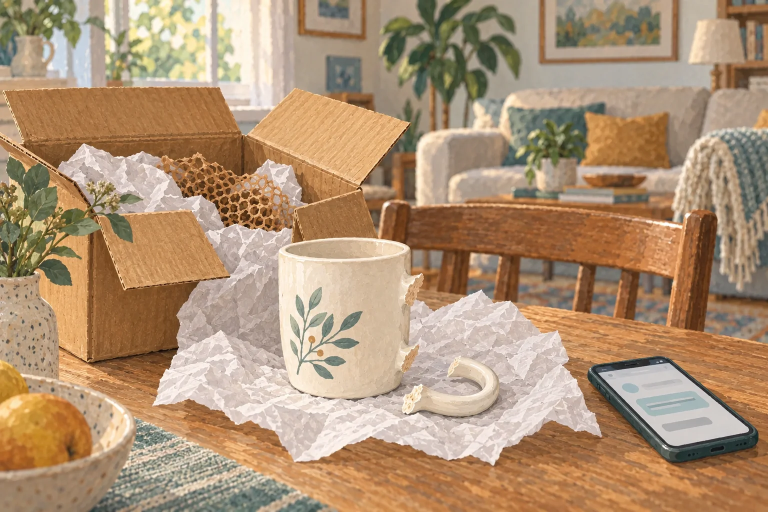 A broken ceramic mug and its detached handle on packing paper beside an open delivery box and a phone on a dining table in the customer’s home.