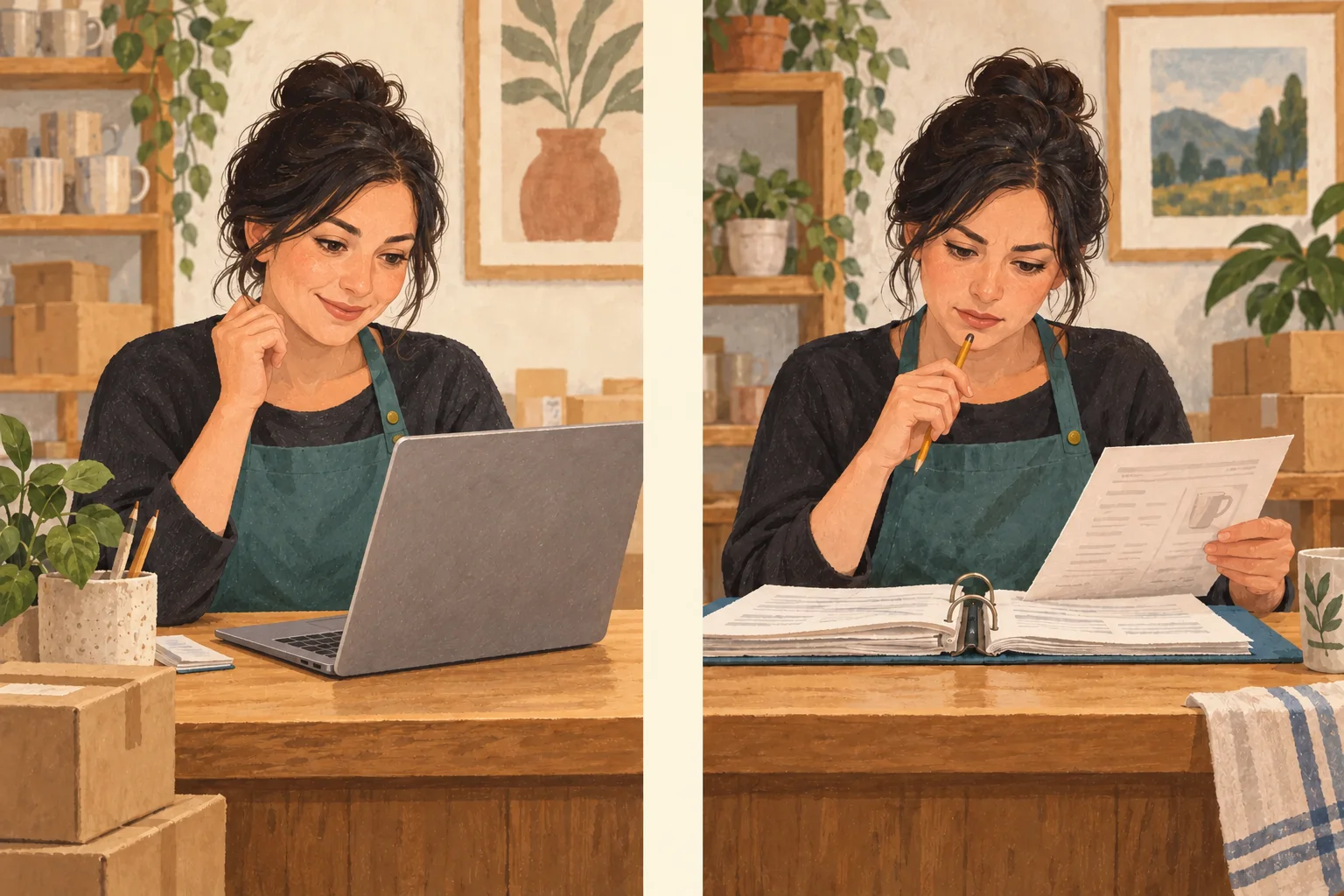 The same shop employee in two scenes: recognizing a familiar damage claim and examining documents to check an unusual policy exception.