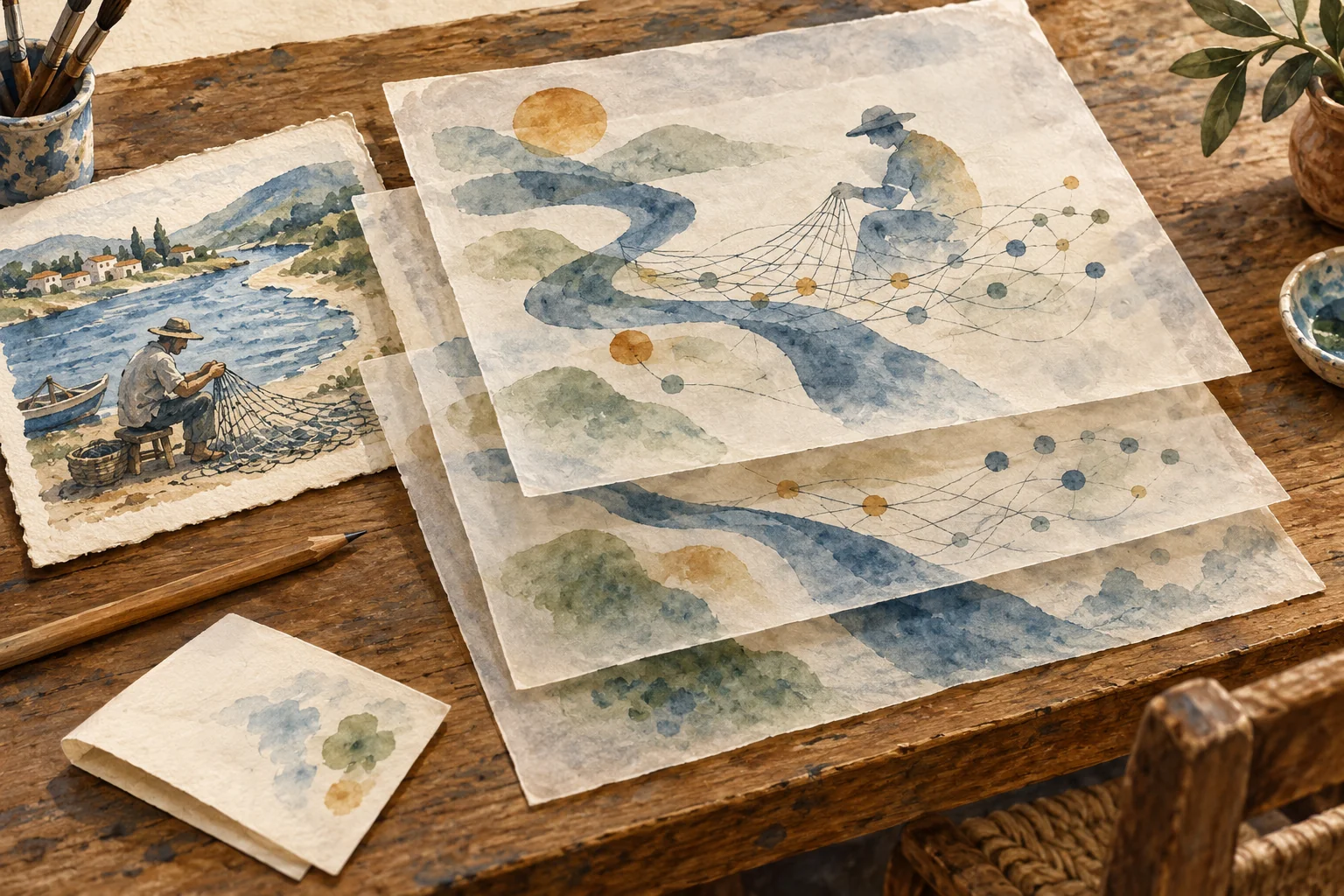 On a worktable, a sketch of a fisherman by a river sits beside overlapping translucent sheets with brush marks, colors and connections.
