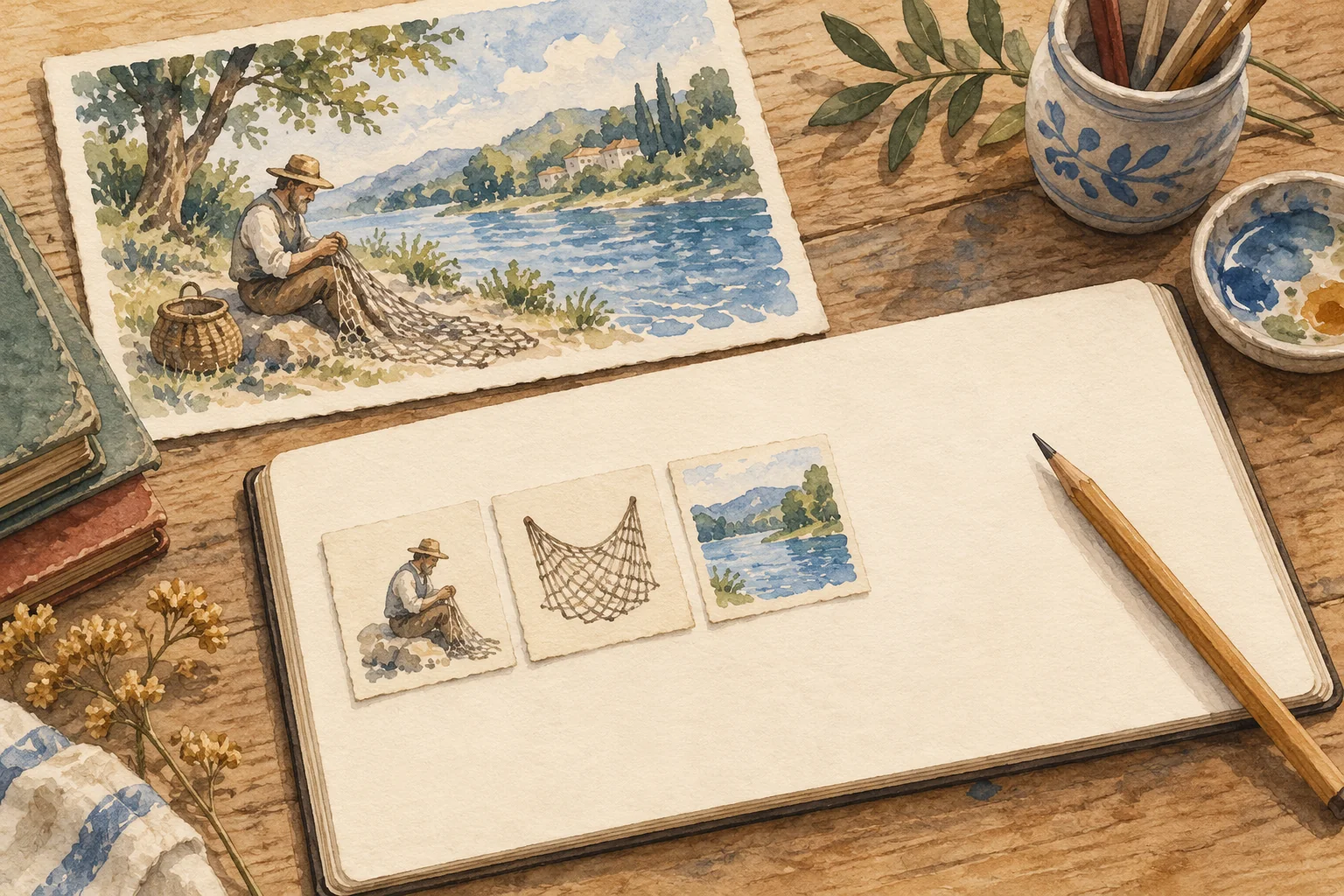 A complete sketch of the fisherman by the river remains on the desk; in an open notebook, three illustrated cards form a row with room to continue.