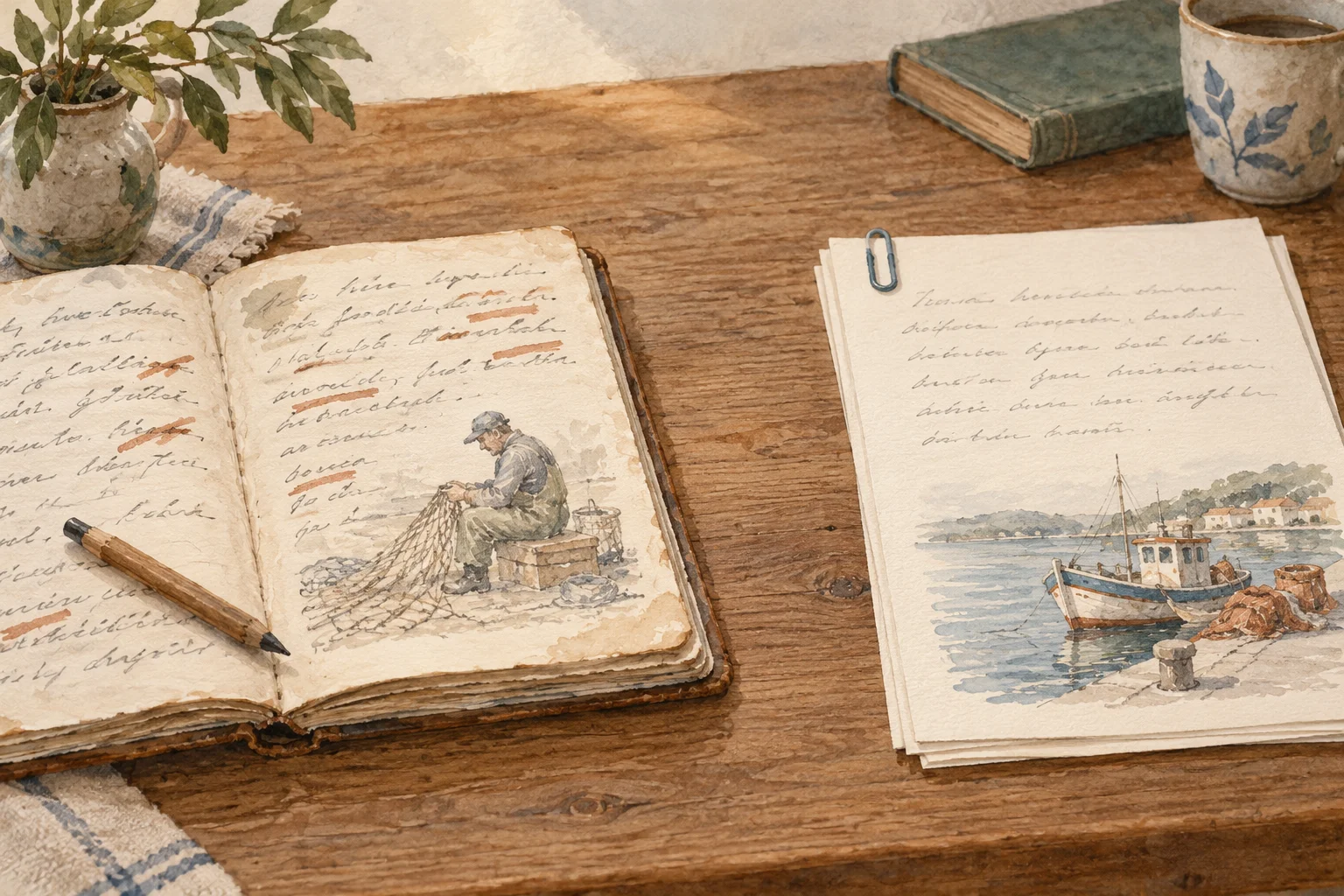 A practice notebook with corrections, a pencil and a sketch of the fisherman sits apart from a clipped set of uncorrected sheets showing a different scene of a boat beside a quay.