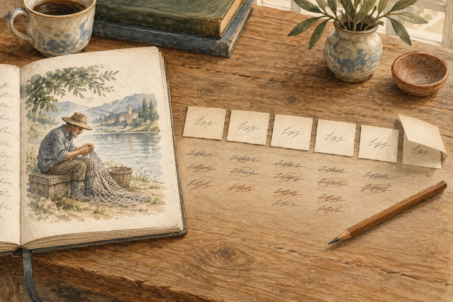 An open notebook shows a fisherman repairing a net beside a river; on the desk are cards with handwritten marks, one partly covered, and corrections beside a pencil.