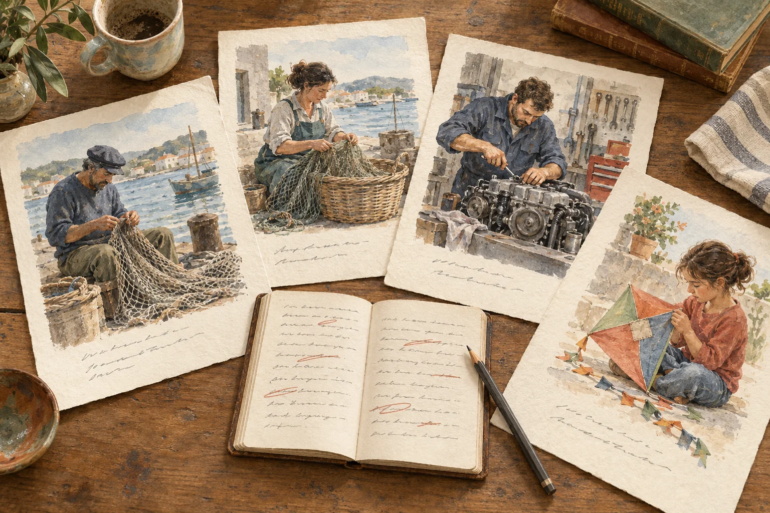 Four sheets show a fisherman repairing a net, a fisherwoman putting one into a basket, a mechanic working on an engine and a girl patching a kite; they surround a single notebook with corrections.