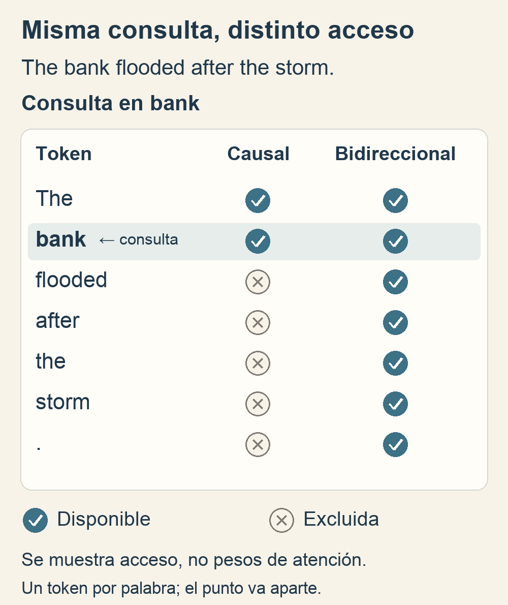 Para la consulta de bank en The bank flooded after the storm, la máscara causal permite The y bank. La atención bidireccional permite las siete posiciones, incluidas storm y el punto final.