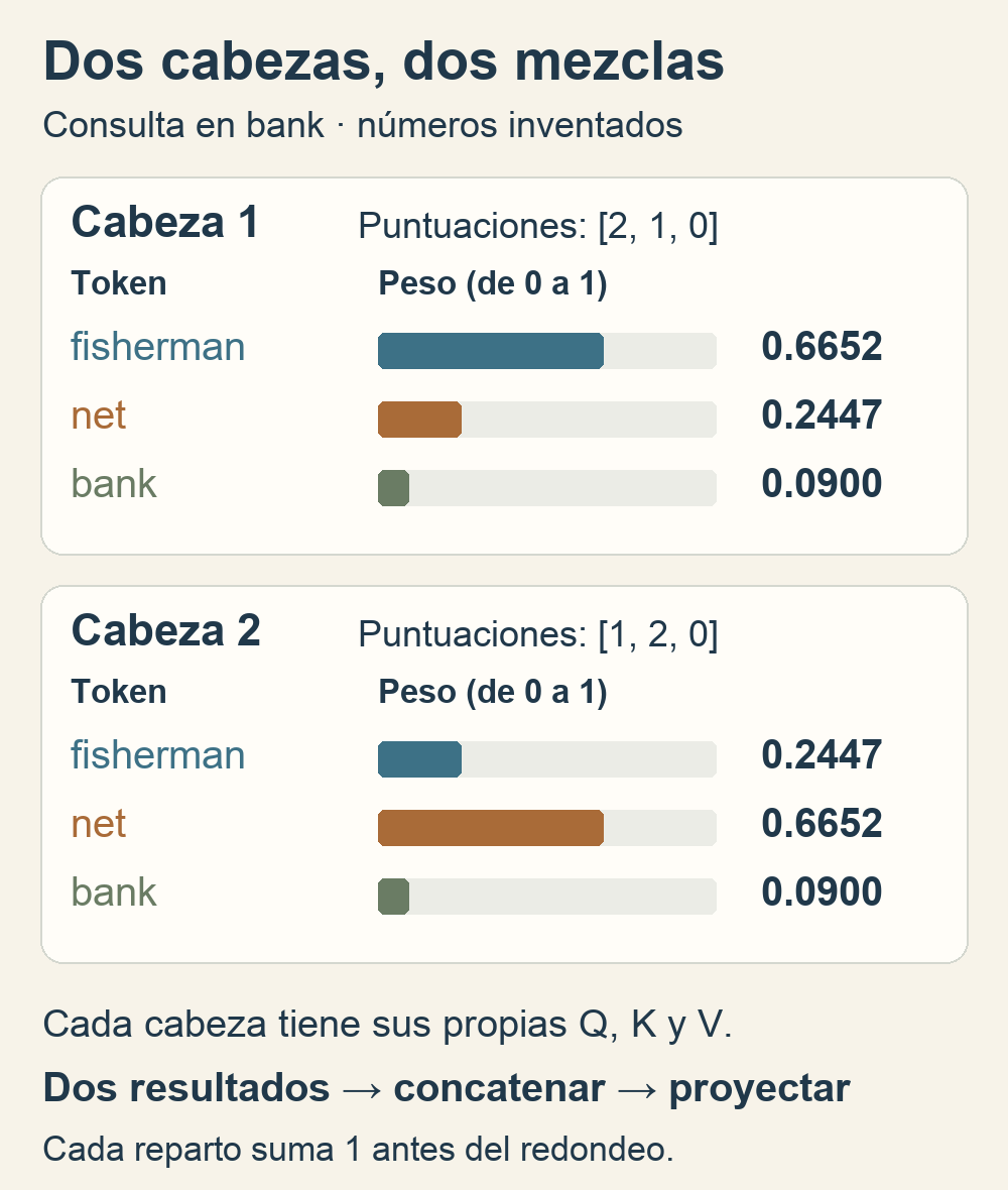 Dos cabezas de atención para la consulta de bank. La primera da a fisherman un peso de 0.6652 y a net de 0.2447; la segunda intercambia esos pesos. Cada cabeza tiene su propia proyección de valores.