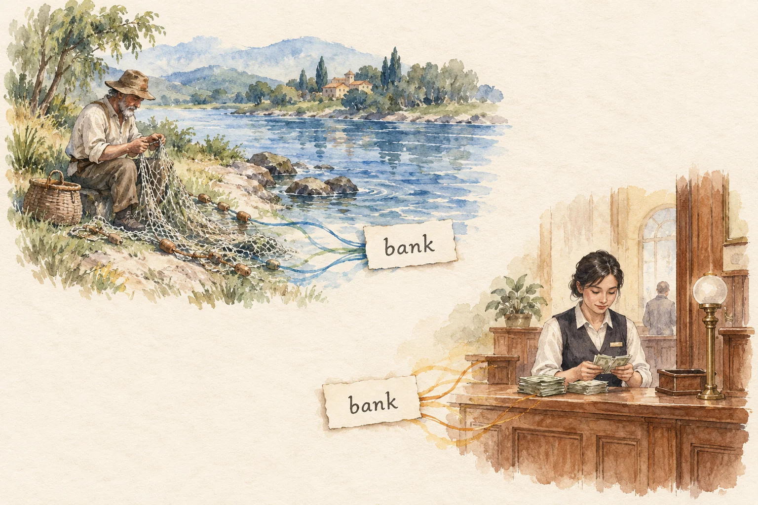 Un pescador repara su red junto al río y una cajera cuenta dinero; trazos de distintos colores conectan cada escena con una tarjeta que dice bank.